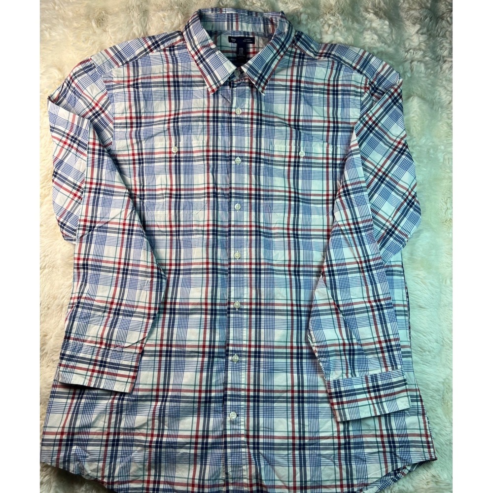 Gap Classic Fit Mens XXL Plaid Button Down Shirt Blue Red White Long Sleeve A7